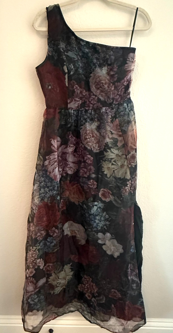 SHEIN One Shoulder Maxi Dress Floral Chiffon Overlay Black Lining Fairy Womens S